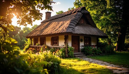 Old European folklore cottage. Traditional central European countryside. Fairy tale look