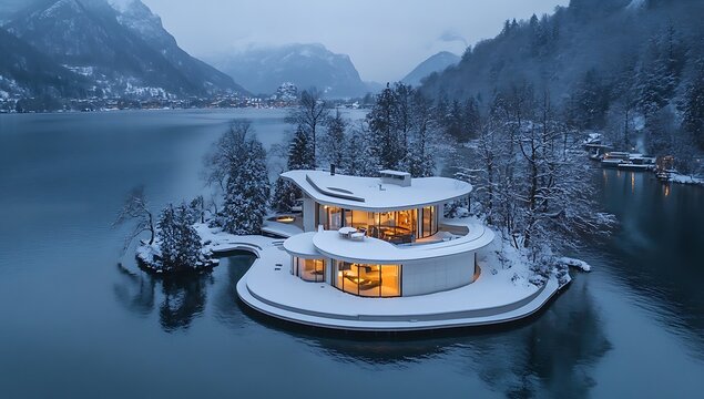 Aerial drone photograph of a snow-covered island situated in the center of a tranquil lake, surrounded by a serene winter landscape with frosted plants and icy waters.