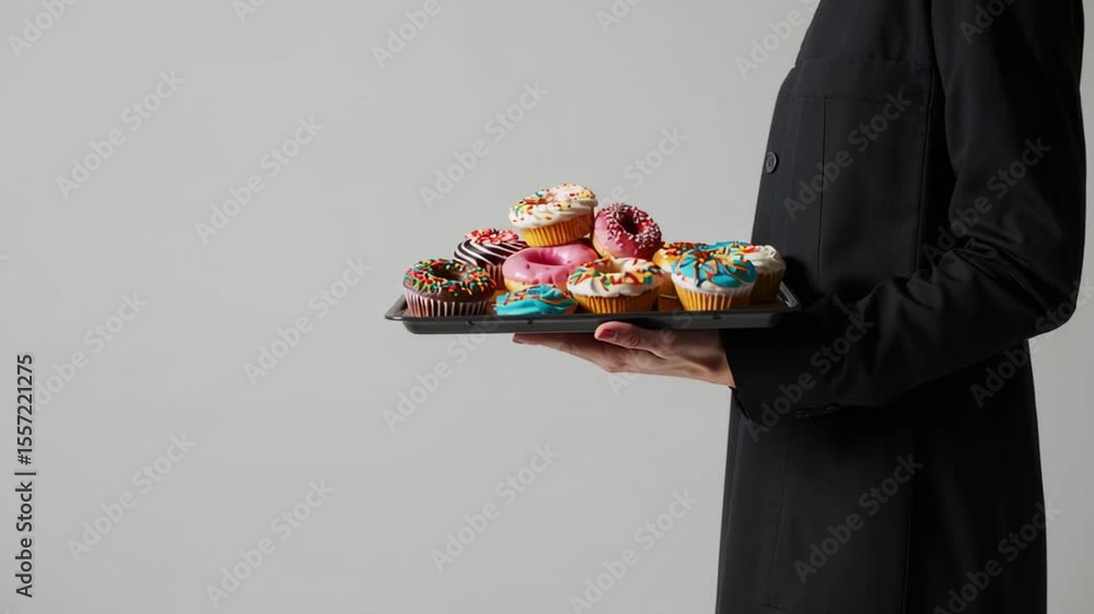 Poster pastry chef, dressed in black, presents a tray laden with an assortment of vibrant donuts and cupcak