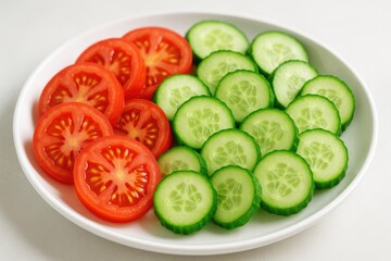 Fresh vegetable medley with sliced tomatoes and cucumbers on a dish. Juicy red tomato and crisp green cucumber. Nutritious vegetarian meal emphasizing health and aesthetic appeal.