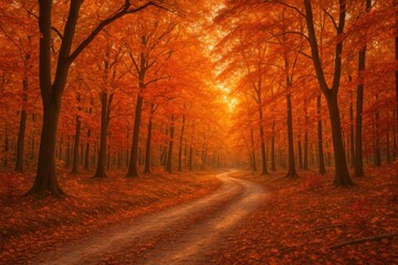 Fototapeta premium Autumnal woodland scene bathed in sunset glow with vibrant fall foliage