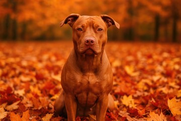 Autumn scenery featuring a pitbull dog among colorful leaves