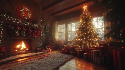 Fototapeta premium Cozy Christmas living room with fireplace and tree