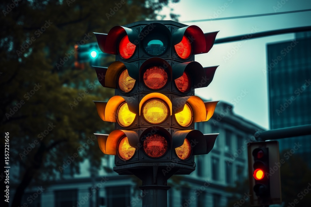 Poster multi directional traffic light managing traffic flow at a busy intersection in an urban environment