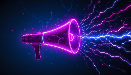 Neon pink and purple megaphone with lightning bolts symbolizing sales promotion and excitement