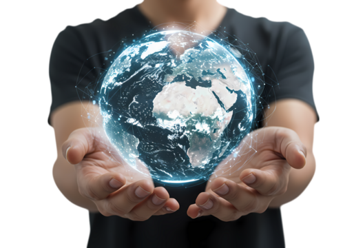 Global Connection Hands Holding a Digital Earth isolated on transparent background
