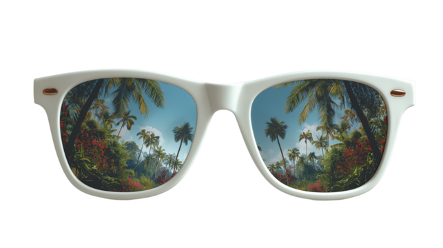 Sunglasses with reflective tropical landscape in lenses, white background, PNG