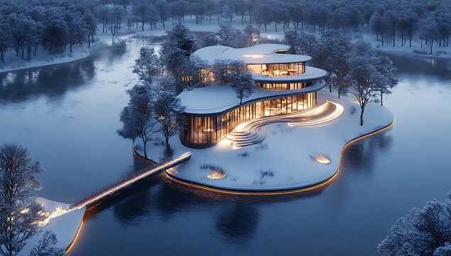Aerial drone photograph of a snow-covered island situated in the center of a tranquil lake, surrounded by a serene winter landscape with frosted plants and icy waters.