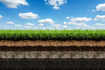 This image displays a vibrant green grass surface with a detailed cross-section of the earth's layers showing different soil textures and colors under a bright sky