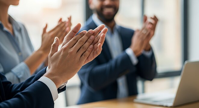 Business People Clapping Hands in Light Filled Meeting Room