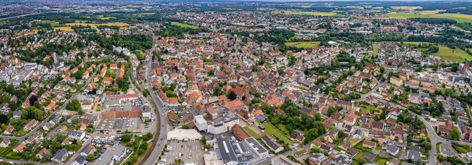 A panorama aerial view around the old town in the city Zirndorf, 90513 Germany on a sunny spring noon