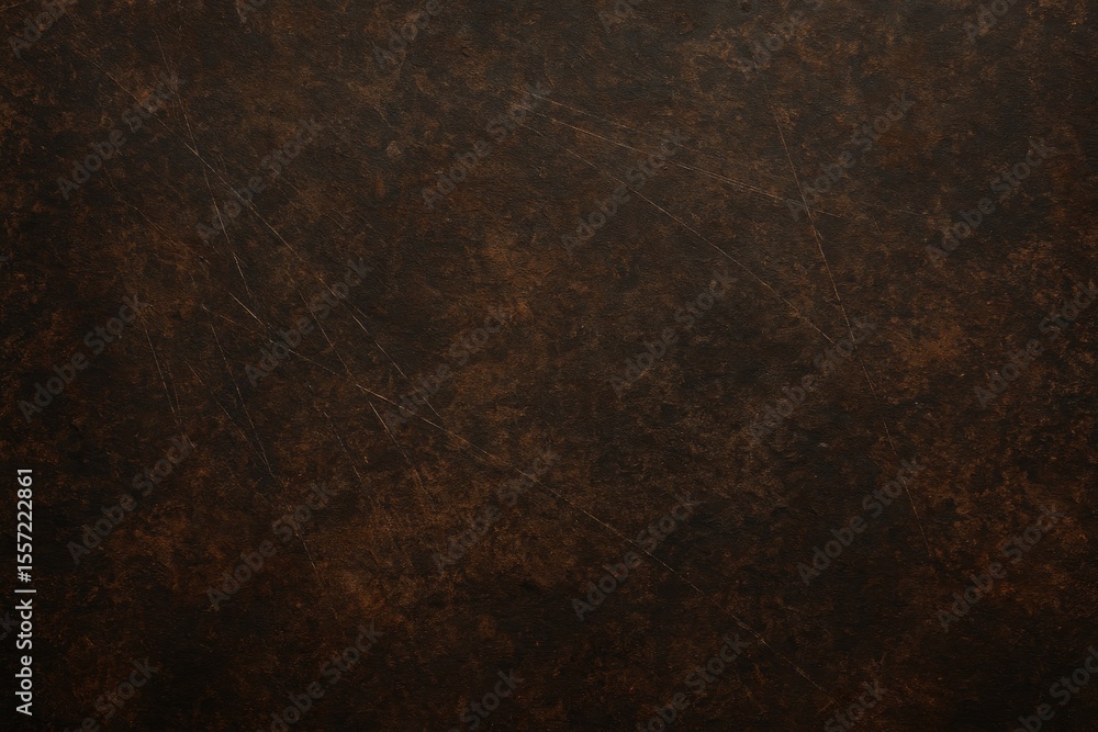 Poster close-up of a weathered metal surface with rust and scratches, textured dark background with space f