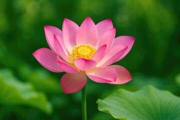 Obraz premium Vibrant pink lotus blossom set against lush greenery with a soft focus backdrop