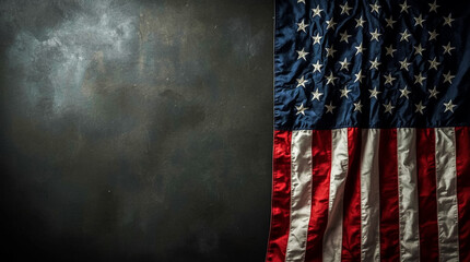 A close-up top-down view of the American flag with its stars and stripes prominently featured on the right half of the frame against a dark textured surface
