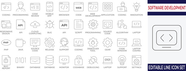 Clean, modern line icon set for software development, coding, API, and debugging projects. Perfect for apps, SaaS websites, and developer dashboards with a consistent style.
