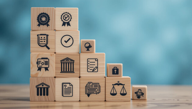Wooden Blocks with Governance, Risk, and Compliance Icons Represent the GRC Framework for Corporate Policy and Risk Management