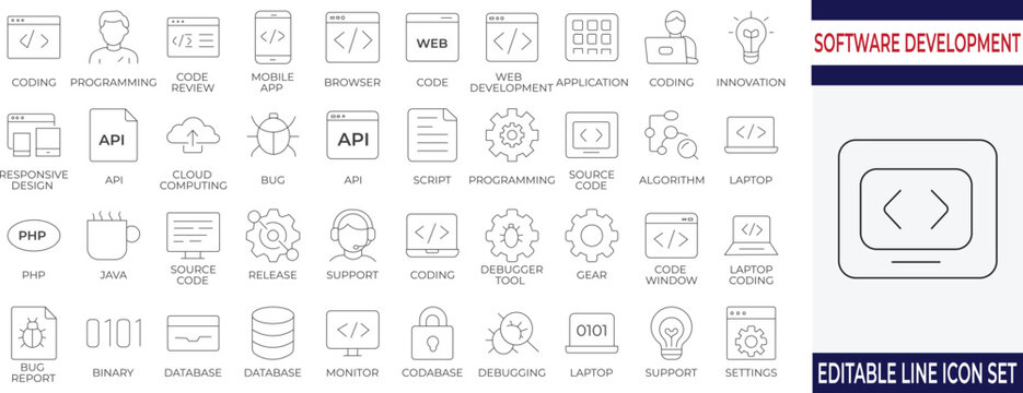 Clean, modern line icon set for software development, coding, API, and debugging projects. Perfect for apps, SaaS websites, and developer dashboards with a consistent style.