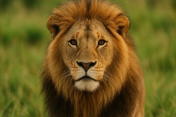 Fototapeta premium Close-up of a male lion's face in its natural habitat