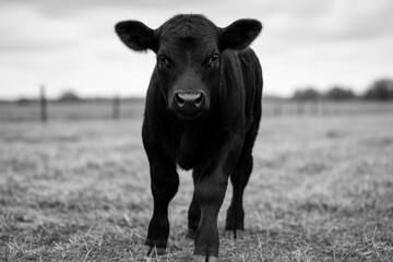 Young bovine exploring a rural landscape in monochrome