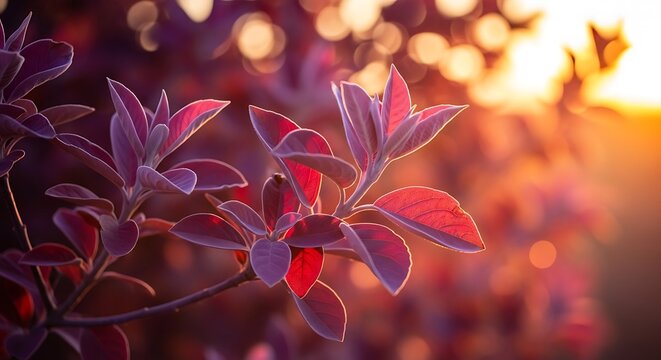 Close up of purple leaves backlit by warm golden hour sunset light