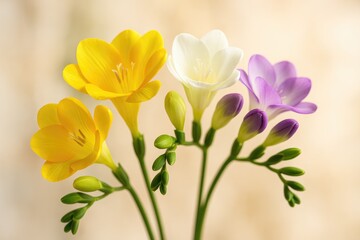 Fototapeta premium Vivid springtime freesia blossoms with a soft blurred backdrop, macro view