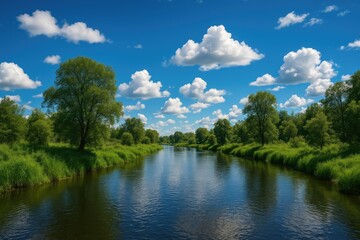 Fototapeta premium A flowing stream beneath a clear azure sky surrounded by lush greenery