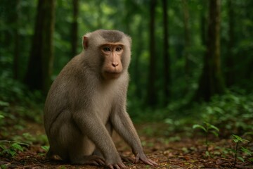 Obraz premium A small primate species with short, gray or brown fur, featuring a long body and short hair on the head, inhabiting lush forested areas at the base of hills.