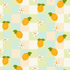 Seamless gingham pattern with lemons and flowers on soft pastel checkered background. Cute and fresh design for summer textiles, kitchen decor, or wrapping paper. Vector illustration