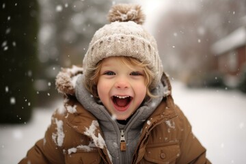 Fototapeta premium Young boy laughing and having fun while snowflakes fall around him in a winter setting