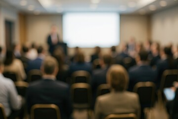 Abstract figures in a blurred seminar setting