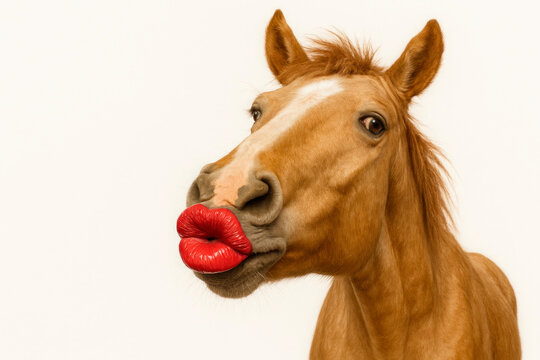 A horse with brightly painted lips. Space for text.