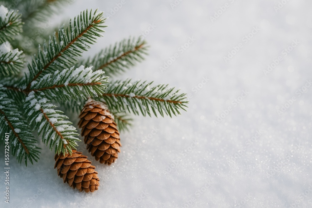 Poster elegant pine branch adorned with cones in a snowy setting