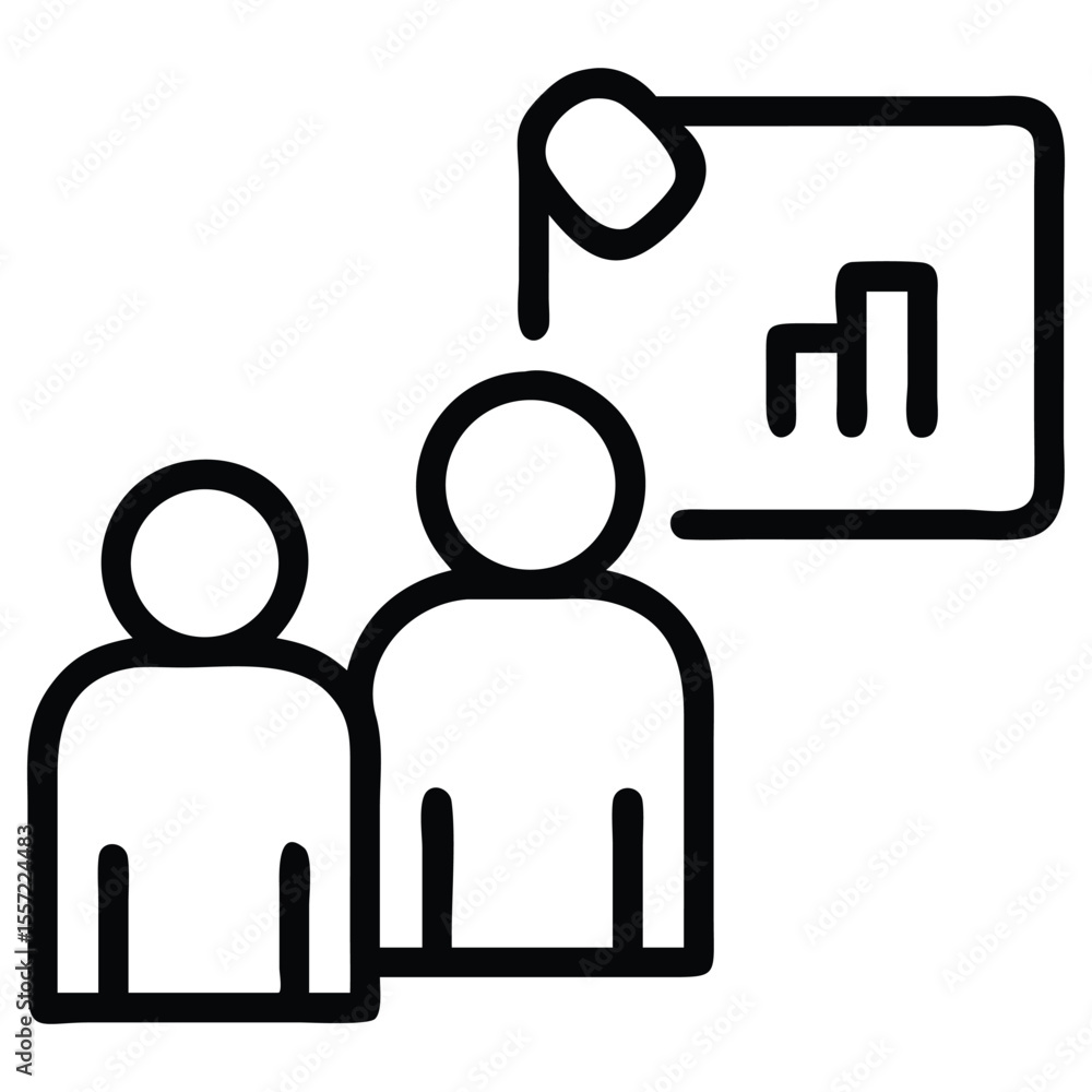 Poster line art of two people with presentation showing bar graph data