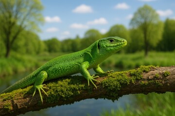 Fototapeta premium A vibrant green reptile from the Iguania family resting on a moss-covered branch, highlighting its ground-dwelling traits