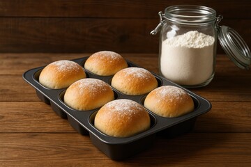 Freshly baked bread rolls in a mold with a flour container on wooden surface