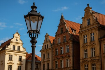 Fototapeta premium Vintage streetlamp against old architectural facades