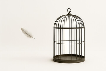 An empty cage and a feather, a symbol of liberation and freedom. Space for text.
