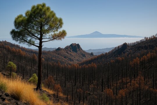 Burnt Tamadaba massif and the view of Teide from the high-altitude region of Las Cumbres during summer wildfires