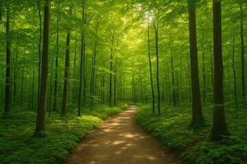 Fototapeta premium Lush Summer Wilderness Scene in a North American Forest with Hiking Themes and Natural Green Backdrop