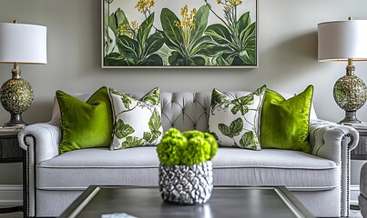 stylish living room featuring a gray sofa adorned with green accent pillows, complemented by botanical wall art. Generative Ai 