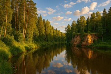 Obraz premium Serene dawn illuminating a woodland stream with lush greenery and rocky formations in summer