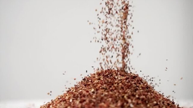 Fine brown fraction of stones slowly pouring into heap on white background