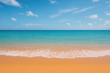 Fototapeta premium Serene azure waters meeting an orange shoreline under a cloudy blue sky, captured from a low perspective with a wide-angle view in a horizontal frame.