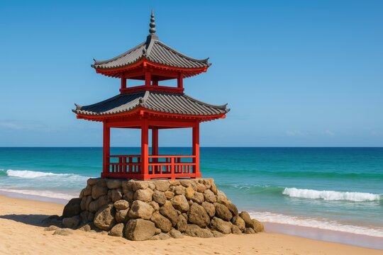 Bright sunny day with a square gazebo on a rocky beach, featuring a red pagoda-style shelter and gentle waves in the background