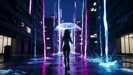 Woman walks city street at night under umbrella, neon light streams illuminate wet pavement, creating surreal atmosphere, symbolizing fantasy, dreamscape, and futuristic urban environment - Powered by Adobe
