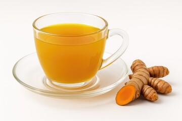 A herbal infusion featuring turmeric in a clear glass on a white backdrop