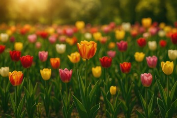Fototapeta premium Vibrant spring tulips in full bloom under sunny skies