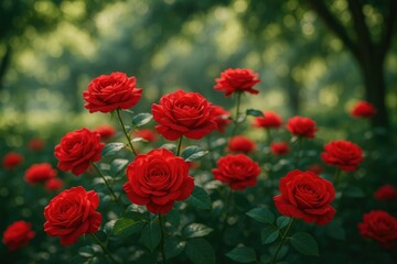 Fototapeta premium Vivid crimson tea roses blooming beneath tree canopies in a morning garden setting