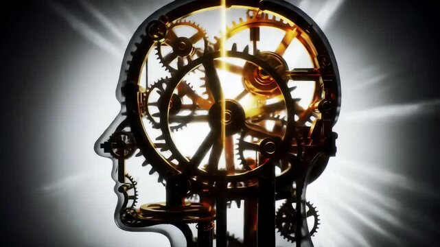 Intricate clockwork gears within a human profile silhouette, illuminated by radiant light, symbolizing intellect, mechanism, time, and the complexity of thought