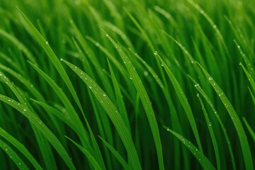 Fototapeta premium Vivid close-up of dewy green grass blades in the morning light